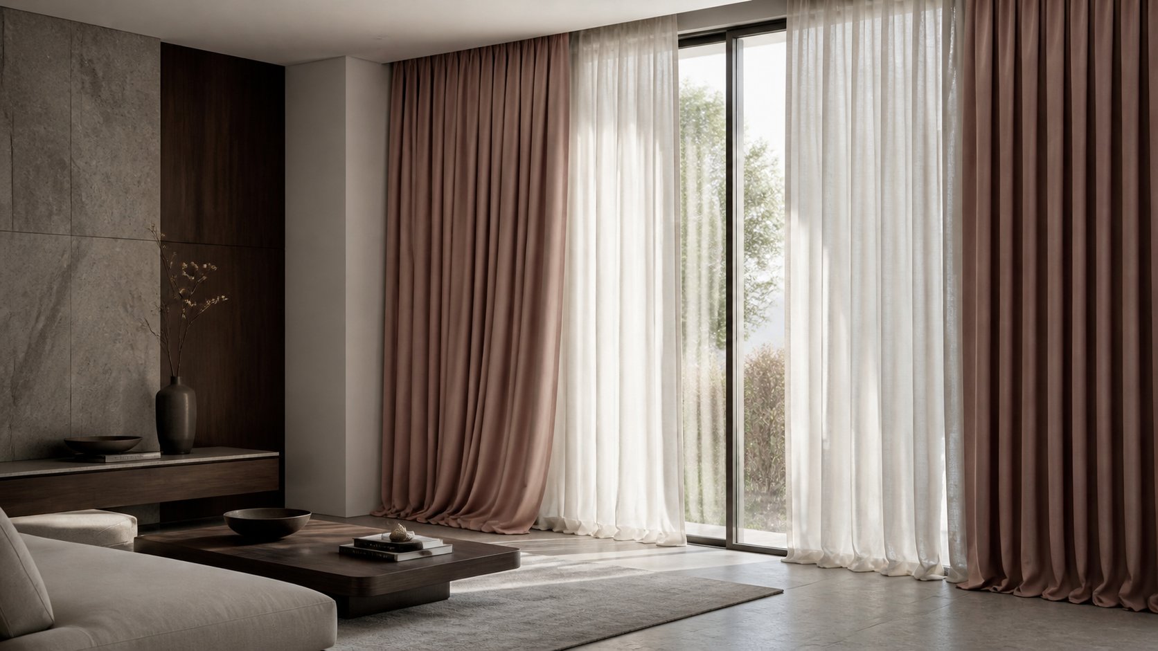 Sala contemporânea com cortinas sob medida em tecido claro e rosé